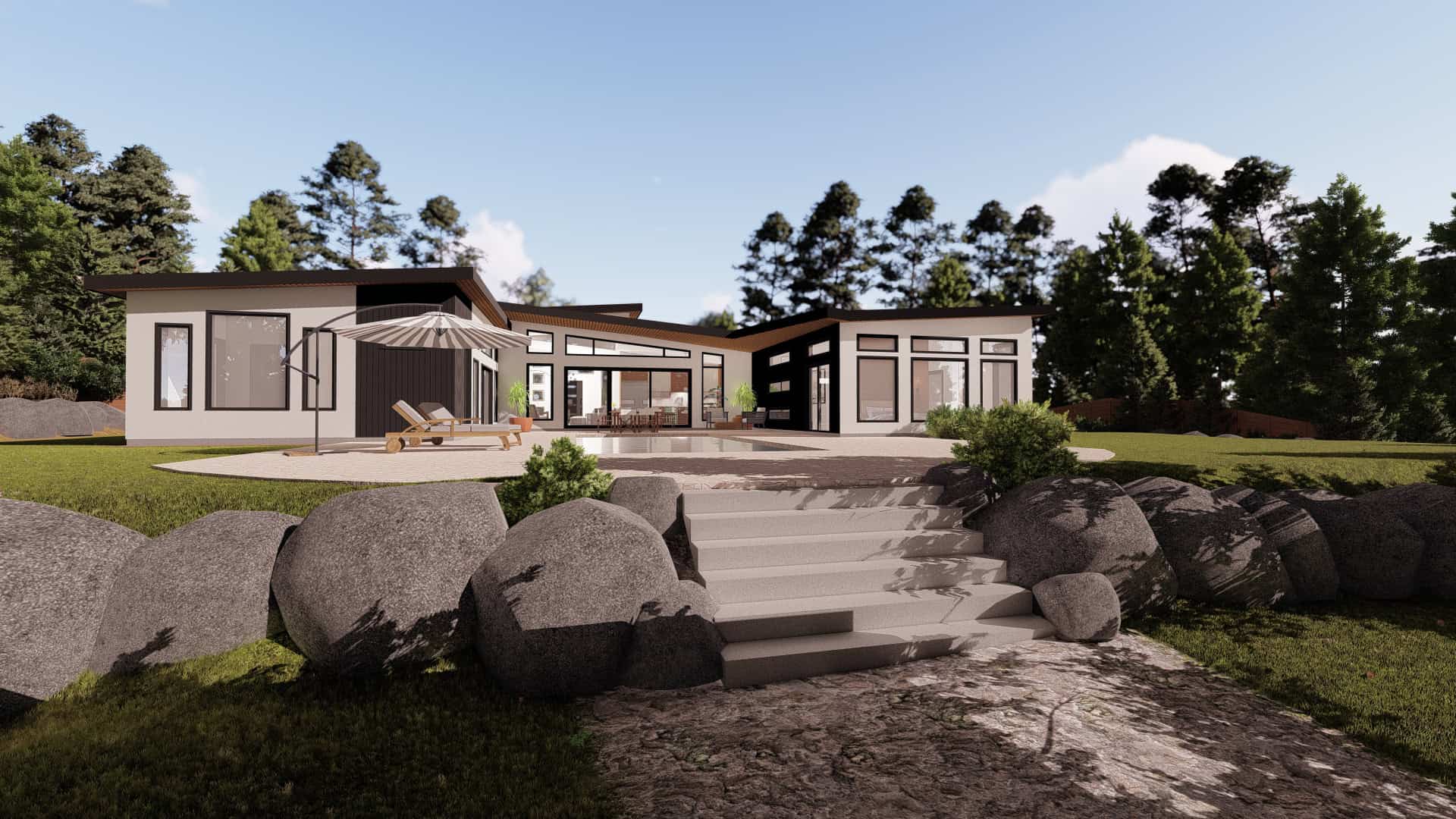 White Wolf Homes: modern single-family home design in Victoria BC with stone steps and landscaped slope.