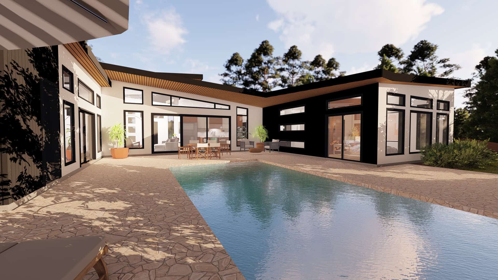 Victoria BC custom home with modern courtyard pool and expansive glass walls.