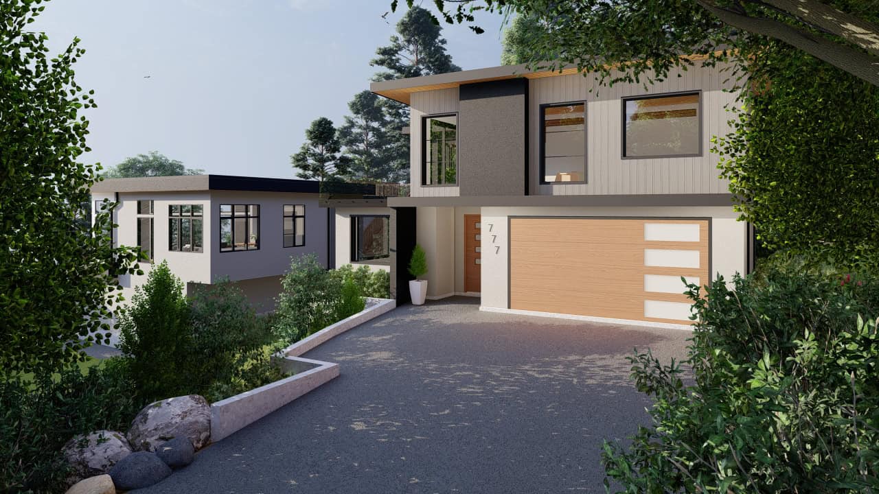 Modern two-story house with front garage and landscaped driveway in Victoria BC.