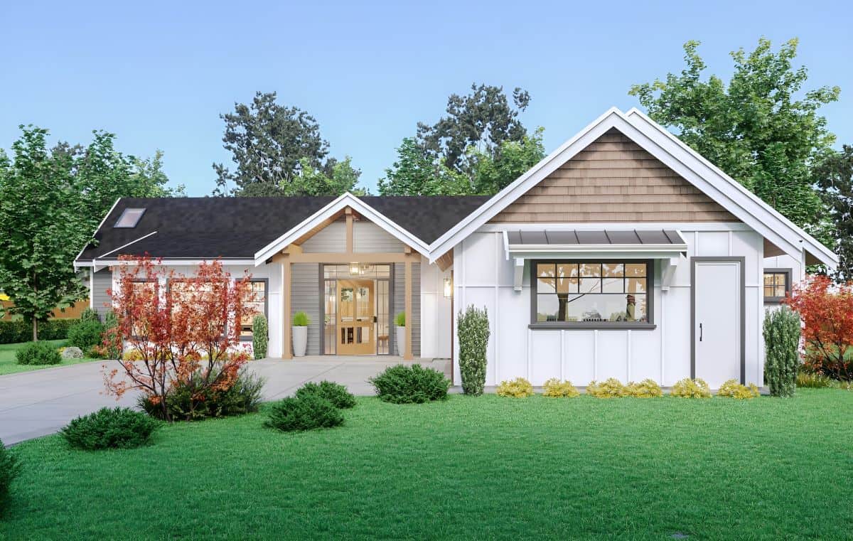 White Wolf Homes: modern single-story custom home in Victoria BC with landscaped front yard.