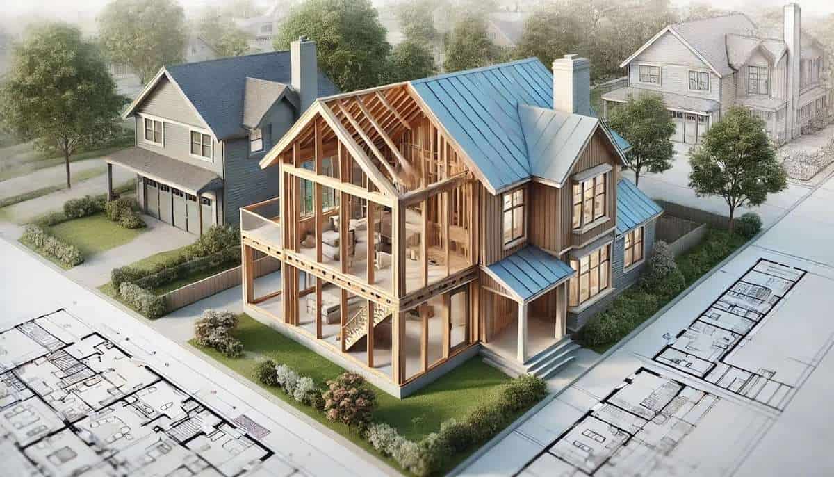 Exterior view of a partially framed two-story home with a blue roof and surrounding blueprints.