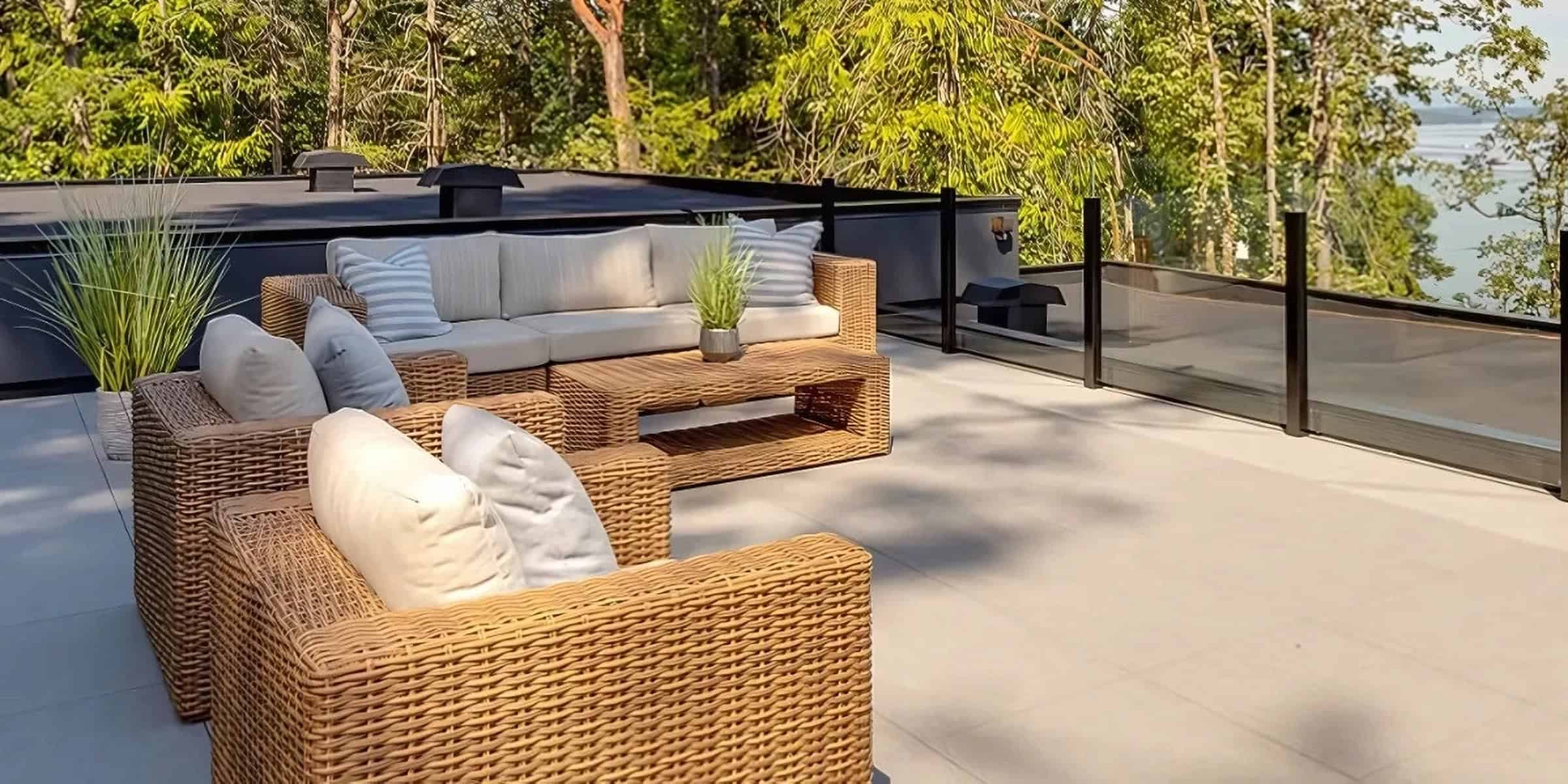Terrace seating area with wicker furniture and cushions on a sunny rooftop deck.