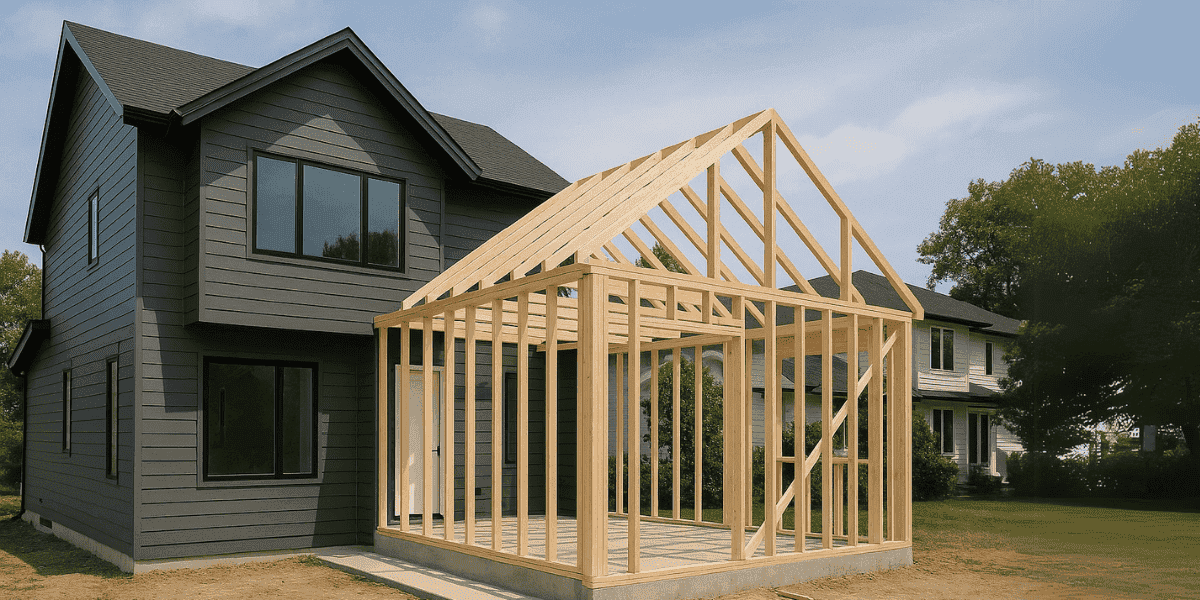 Framing a new home addition on a modern Victoria BC house by White Wolf Homes.