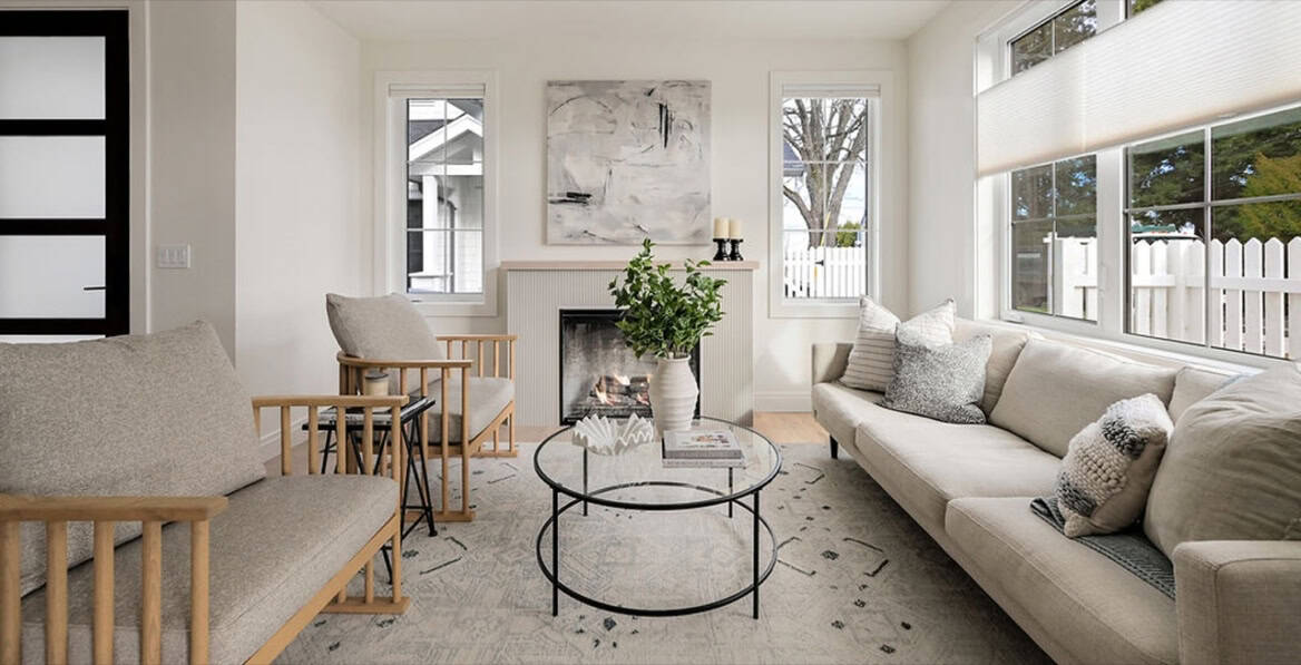 Elegant living room by White Wolf Homes Victoria BC with neutral tones and modern seating.