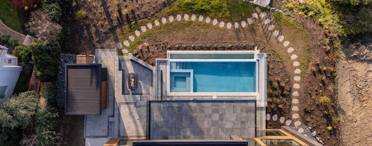 Aerial view of a modern custom home by White Wolf Homes in Victoria BC.
