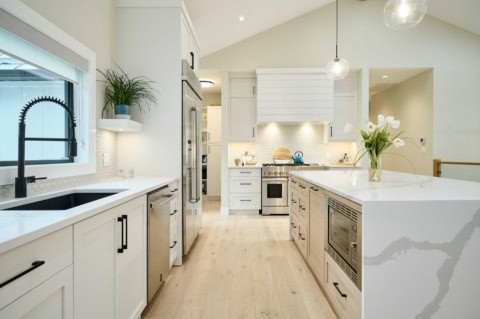 White Wolf Homes kitchen in Rockwater project, modern Victoria home with island and white cabinets.