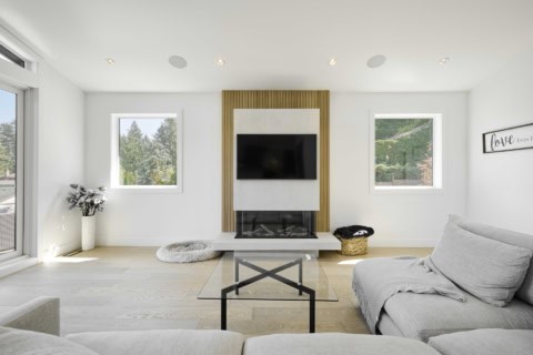 Modern living room with a central fireplace and large windows in a bright, minimalist interior.