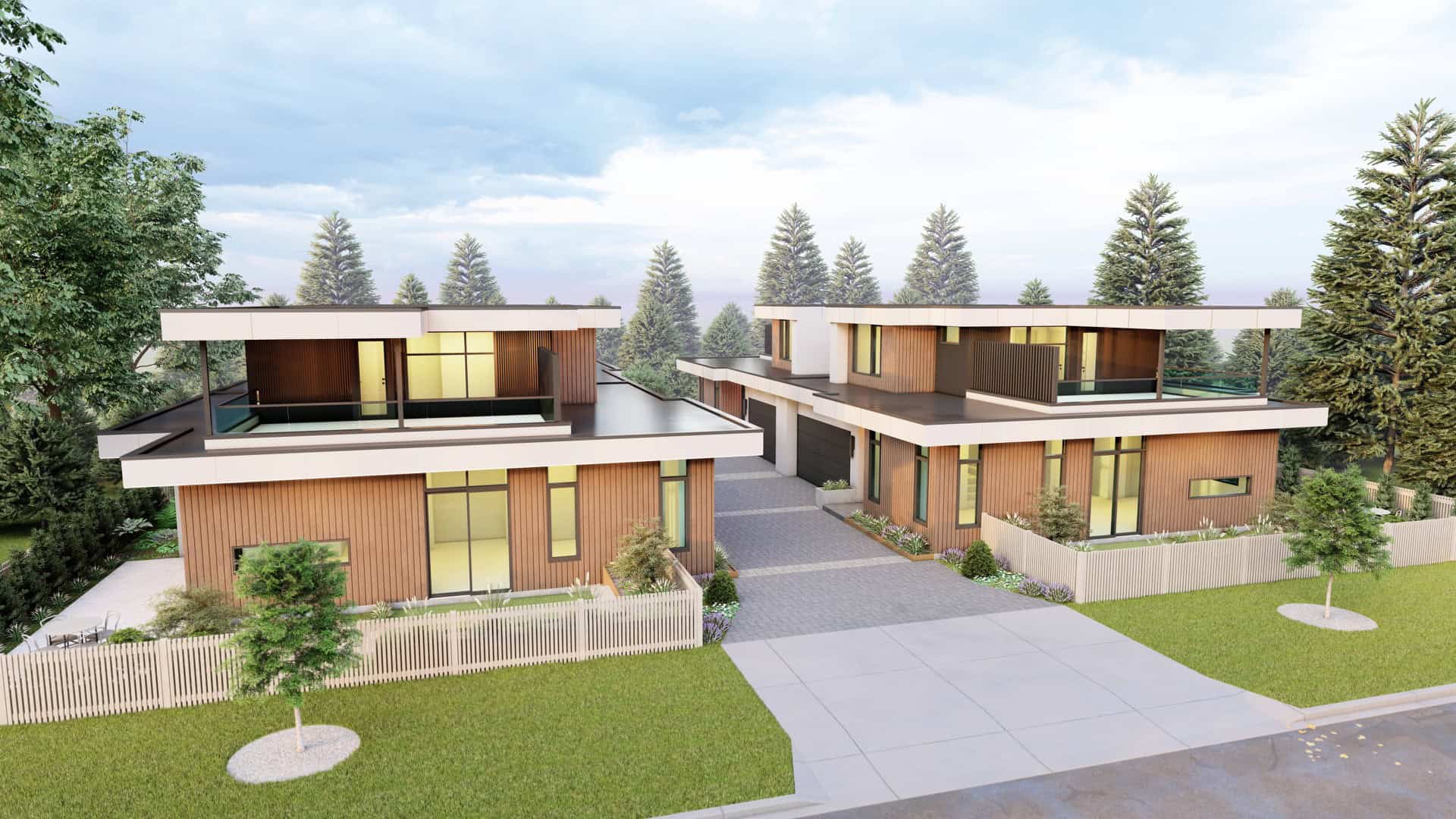 White Wolf Homes modern duplex design in Victoria BC with landscaped frontage.