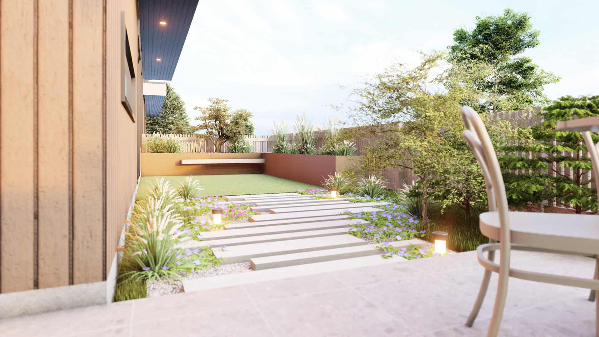 Backyard landscape with modern patio, steps, and greenery in Victoria BC.