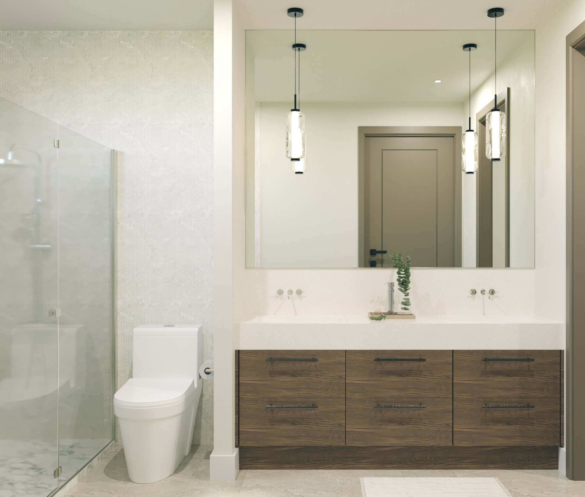 Modern bathroom with glass shower, double vanity and large mirror.