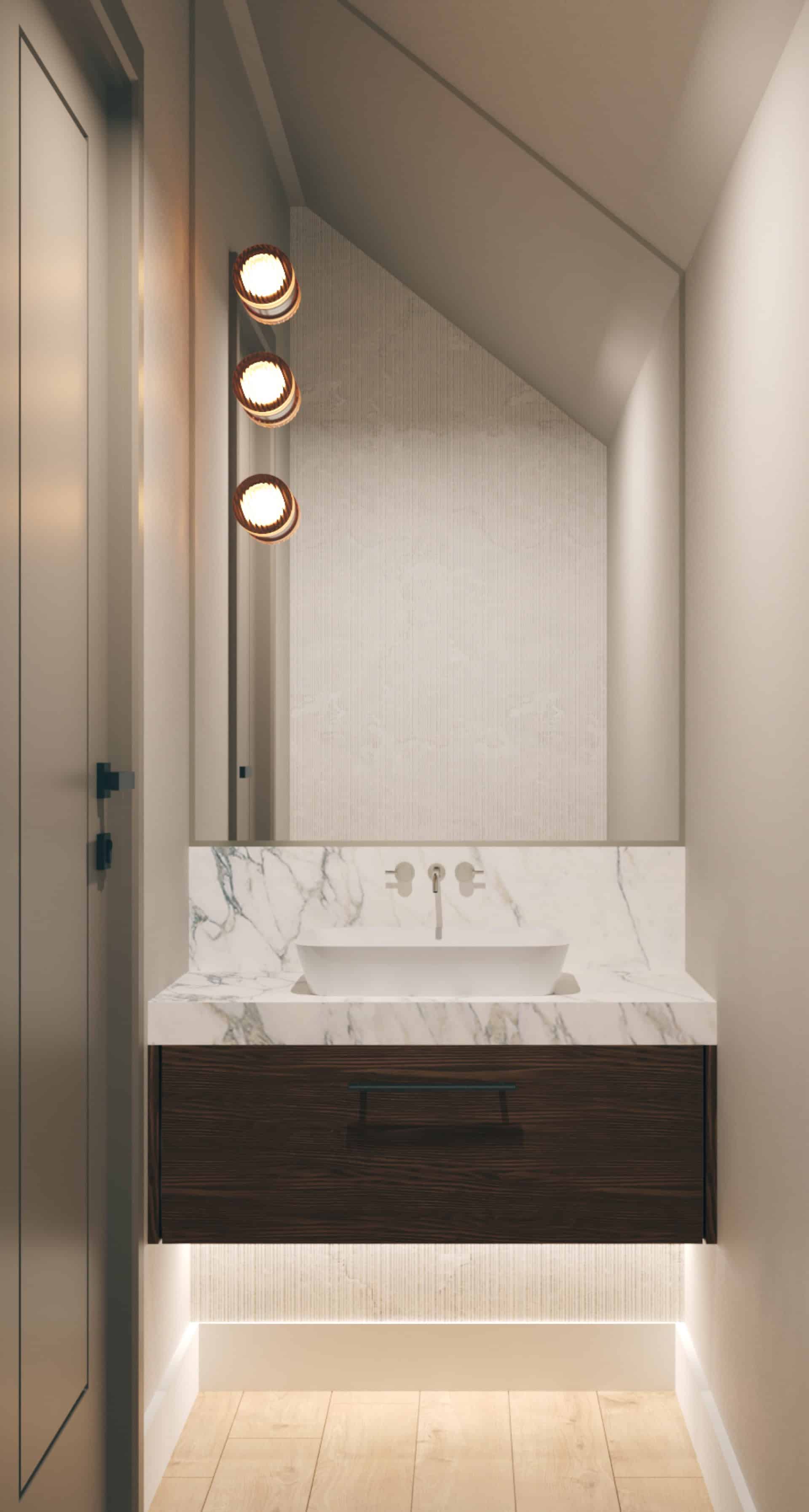 Modern bathroom vanity with marble countertop and warm lighting.