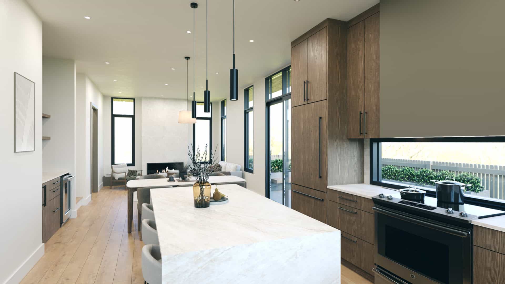 Modern open-concept kitchen with large island and breakfast bar in a Victoria BC home.
