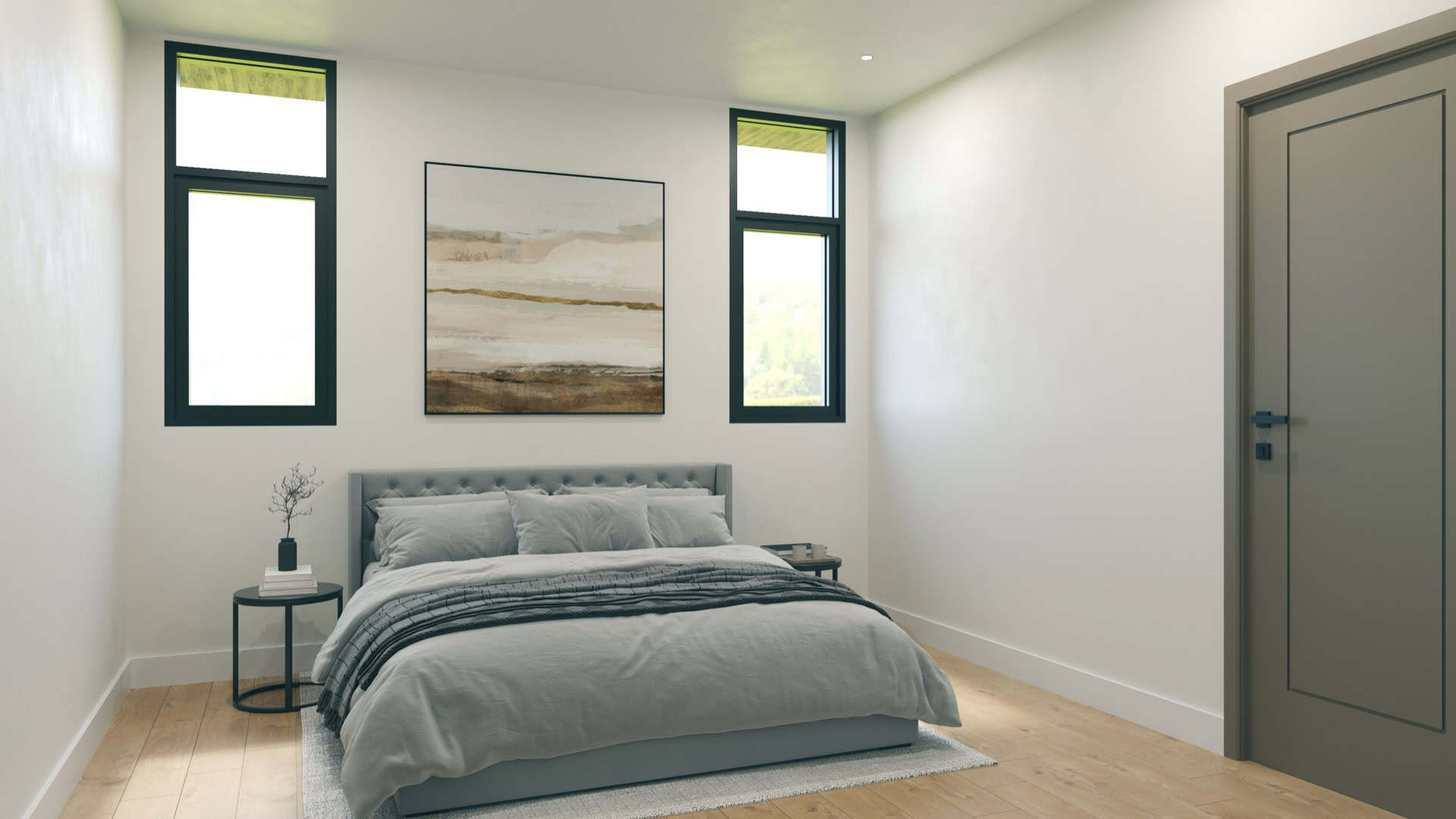 Modern bedroom with gray bed, nightstands, and neutral decor in Victoria BC home.