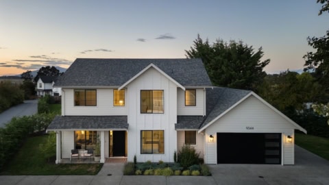 Victoria BC custom home exterior at Copperwood by White Wolf Homes, modern two-story with gray roof.