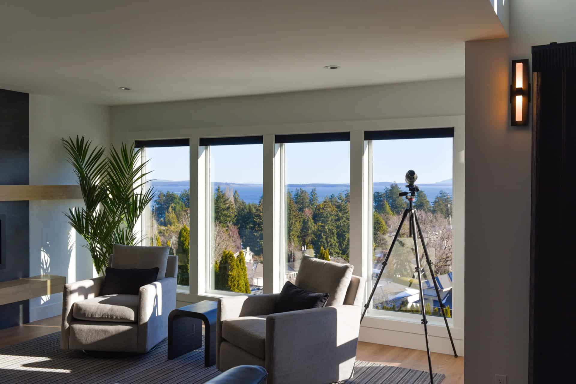 Bright living room with large windows, view of trees and lake, modern seating.